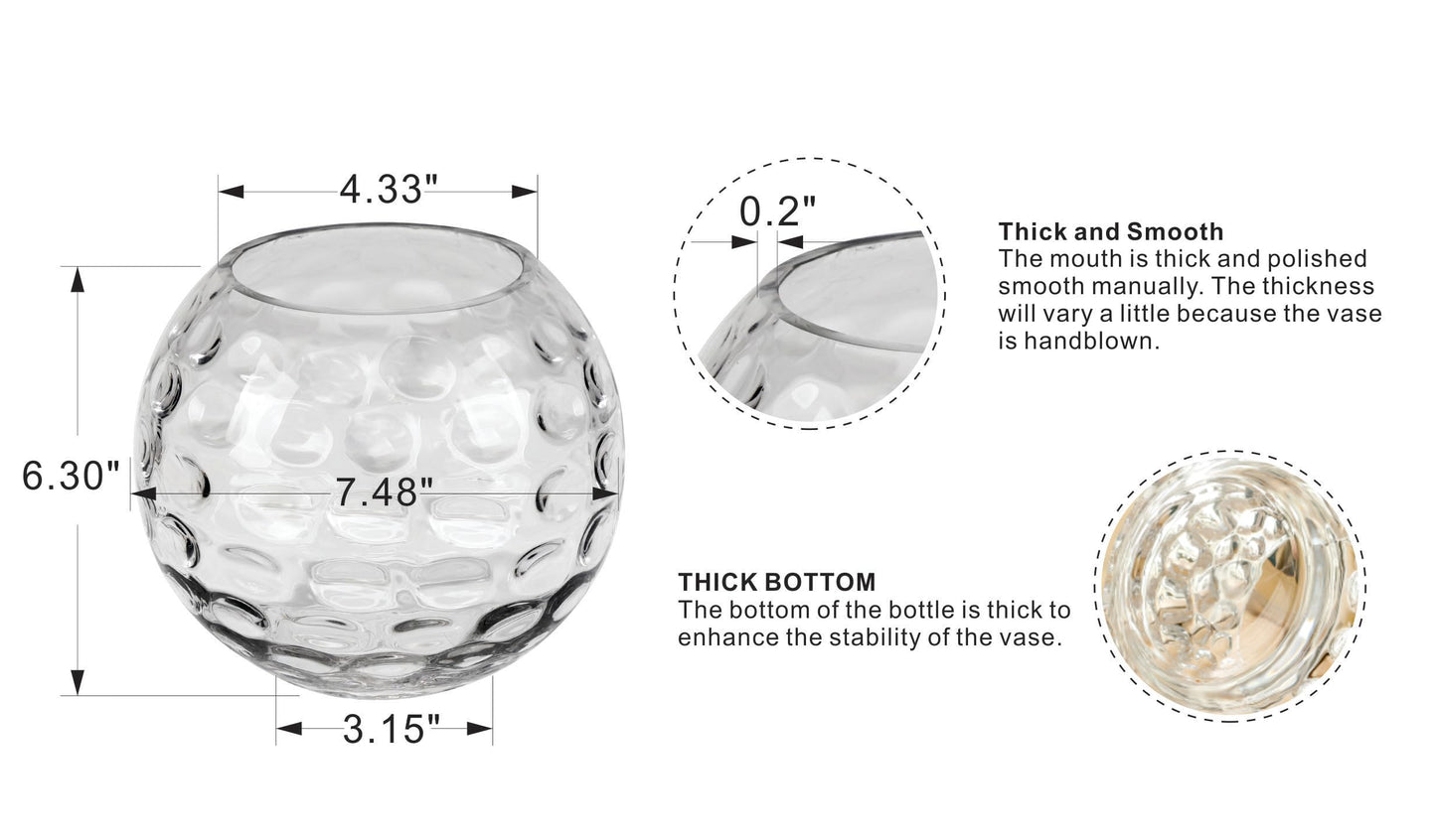 7.5" Dia Handmade Sturdy Dimpled Bubble Glass Vases, Bubble Planter Terrarium, Bud Vase, Fish Bowl Hurricane, Globe Flower Vase, Hurricane Candle Holder (7.5"x6.3", Bowl)