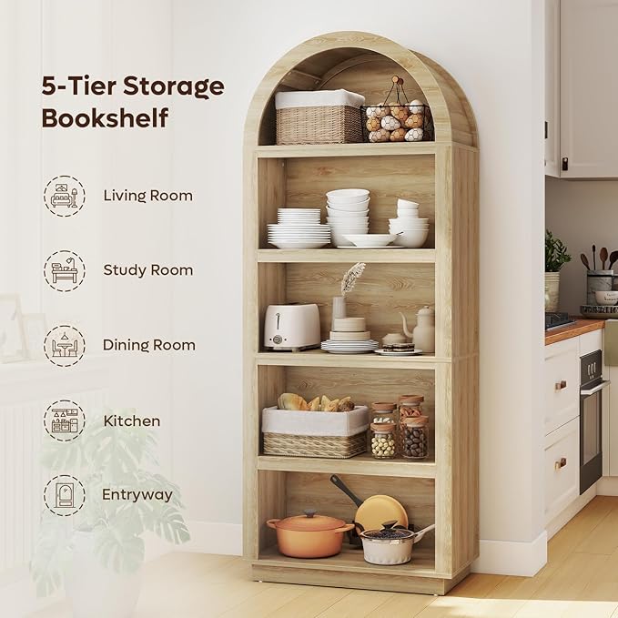 Bestier 76" Tall Arched Bookcase, 5 Tier Arched Bookshelf