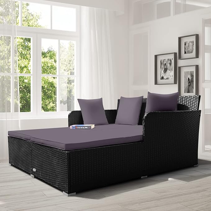 COSTWAY Outdoor Patio Rattan Daybed, Sponge Cushioned Loveseat Sofa