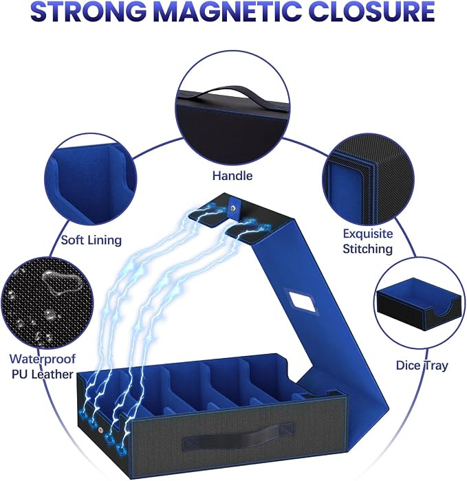 Trading Card Storage Box, 5 Row Card Deck Case with Commander Display & Portable Handle, 4200+ Card Deck Boxes Compatible for MTG TCG Magic Cards, 30 Divider, 8 Supporters, 1 Dice Tray (Black & Blue)