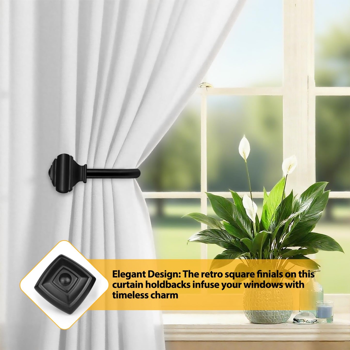 2 Pack Black Curtain Tiebacks, USFOOK Decorative Window Drapery Holdbacks (2 Pack/1 Pair), Curtain Hooks for Drapes with Square Finials (3.45" L x 5.35" W)