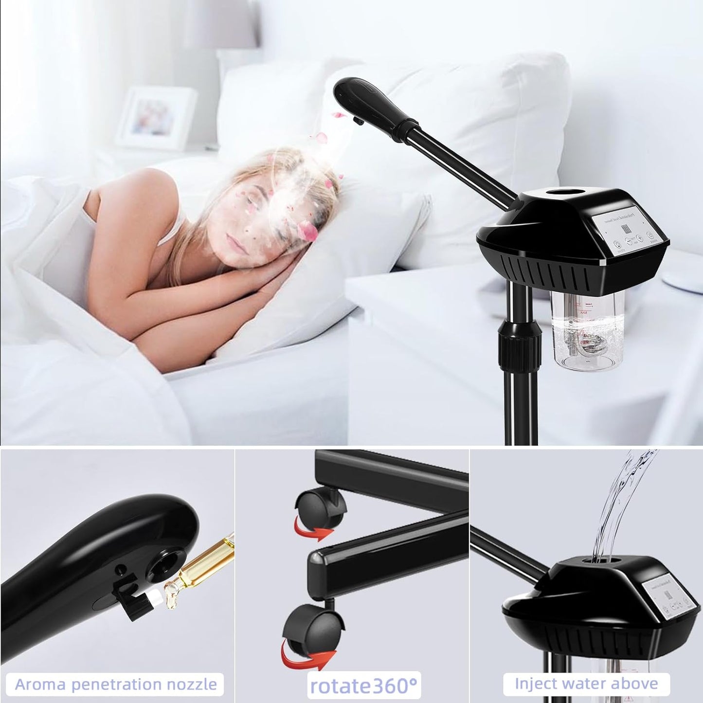 Professional Facial Steamer with More Steam for Deep Cleansing and Hydration, Face Steamer on Wheels with Time Setting, Estheticians Steamer Adjustable Height for Beauty, Spa and Home Use（Black）