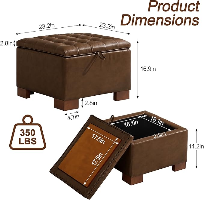 WUTUTUEE 24" Faux Leather Square Storage Ottoman