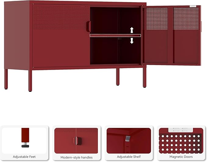 Metal Storage Cabinet, 2 Door TV Stand, Metal Mesh Accent Cabinet, Magnetic