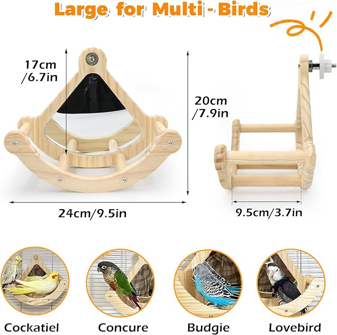 Bird Perch Toy with Mirror for Cage, Interactive Rocking Parakeet Toys and Perches, Wood Exercise Wheel Cockatiel Toys, Birds Enrichment Toy for Parrot, Bird Cage Accessories Perch for Budgies Conure