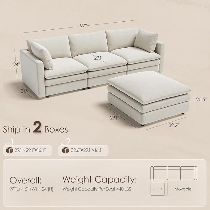 97" Modular Sectional Sofa, L Shaped Cloud Couches