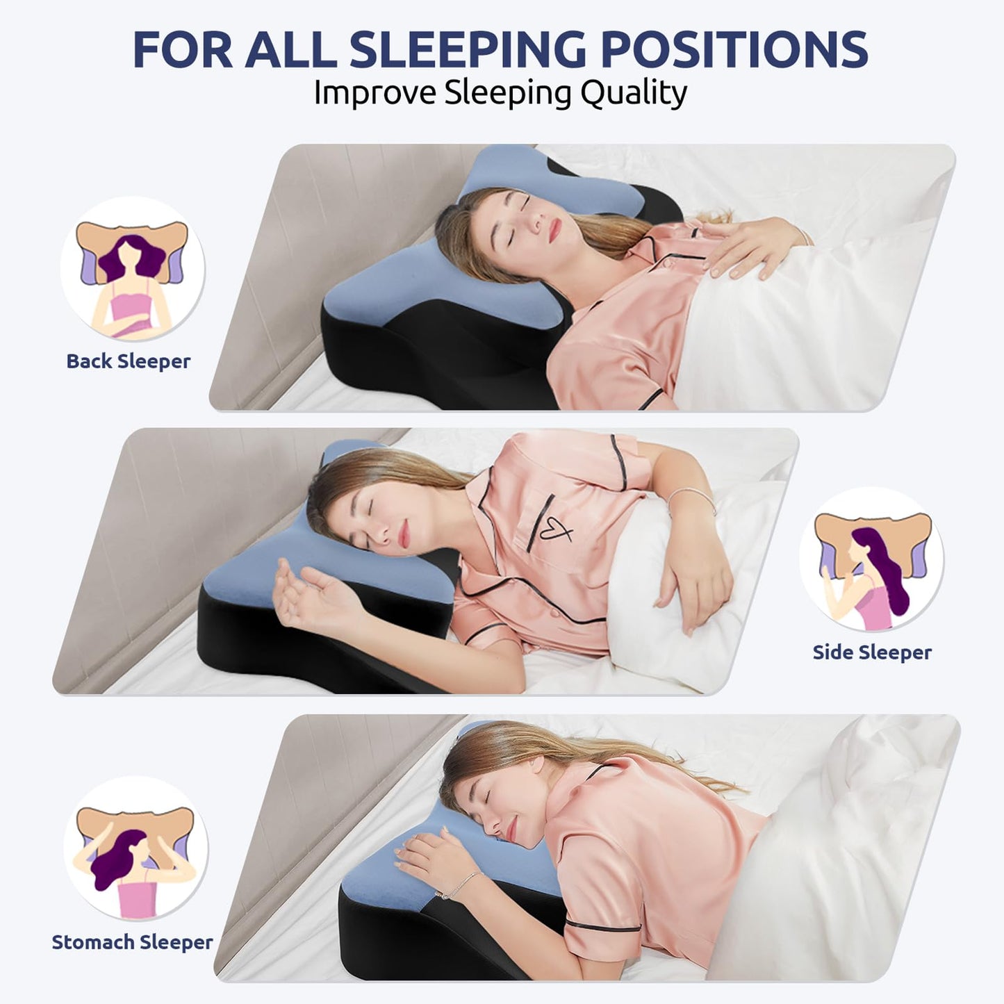 DONAMA Cervical Neck Pillow for Pain Relief,Odorless Contour Memory Foam Pillows with Cooling Pillowcase Cozy Sleeping, Orthopedic Ergonomic Bed Pillows for Side Back Stomach Sleepers