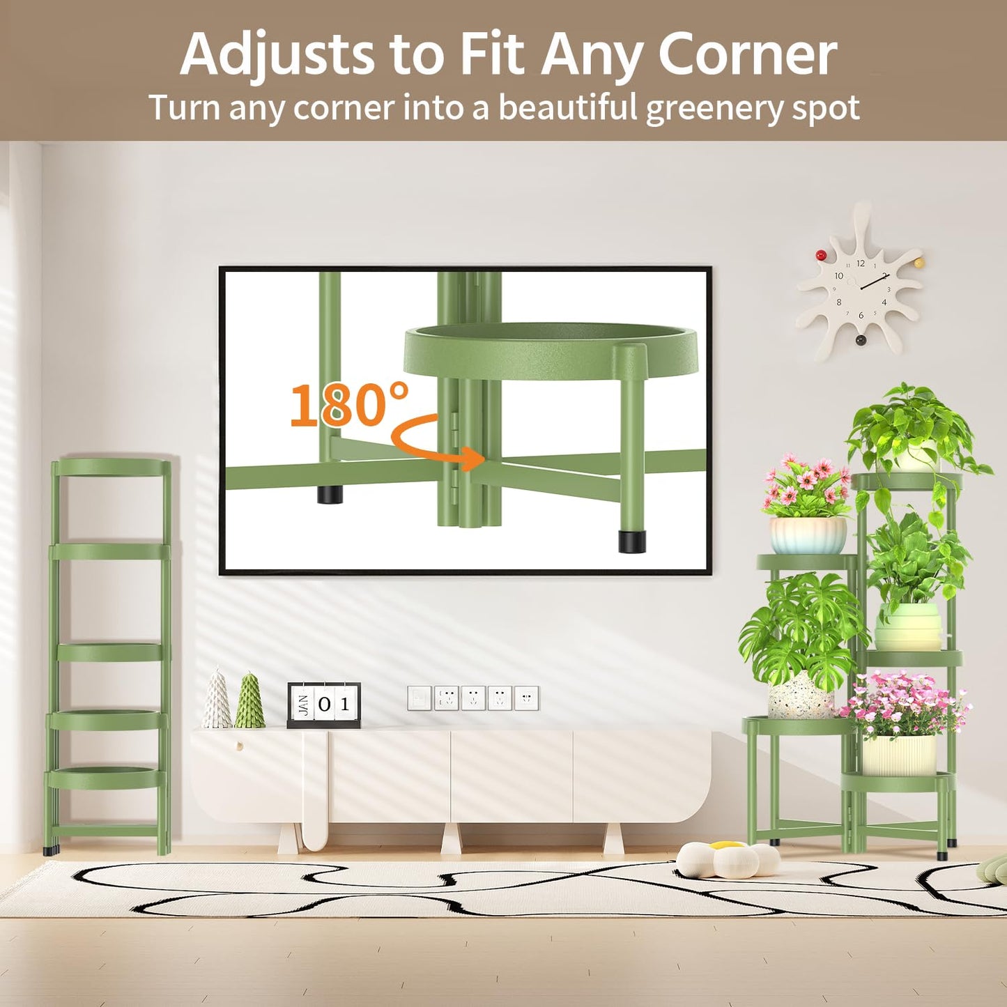 LASZOLA 5 Tiered Plant Stand Indoor Outdoor with Plastic Tray, Corner Folding Tall Flower Display Rack, Modern Plant Holder Shelf for Outdoor Patio Porch Garden Office Living Room, Green