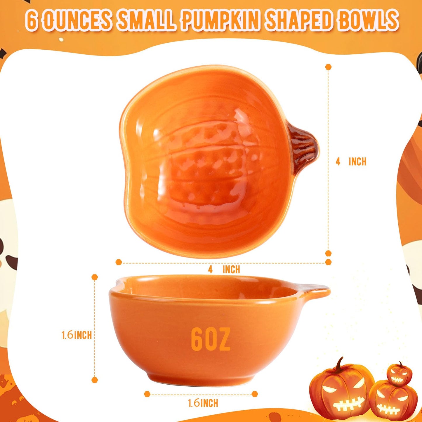 EIDIND 12 Pack Ceramic Pumpkin Bowls, 6 oz Small Fall Ramekins, Pumpkin Shaped Dishes for Halloween Thanksgiving Candy Snack Dip Sauce, Orange Mini Bowls for Autumn Party Decor