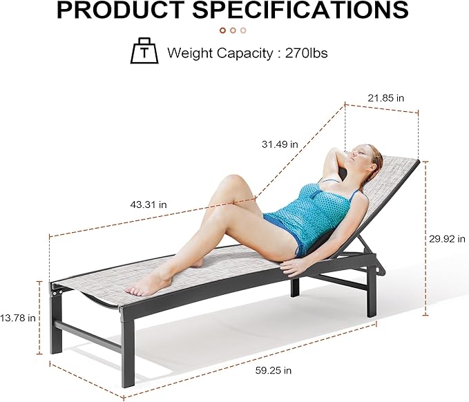 Crestlive Products Pool Lounge Chair Outdoor Set of 2, Chaise Lounge Chairs