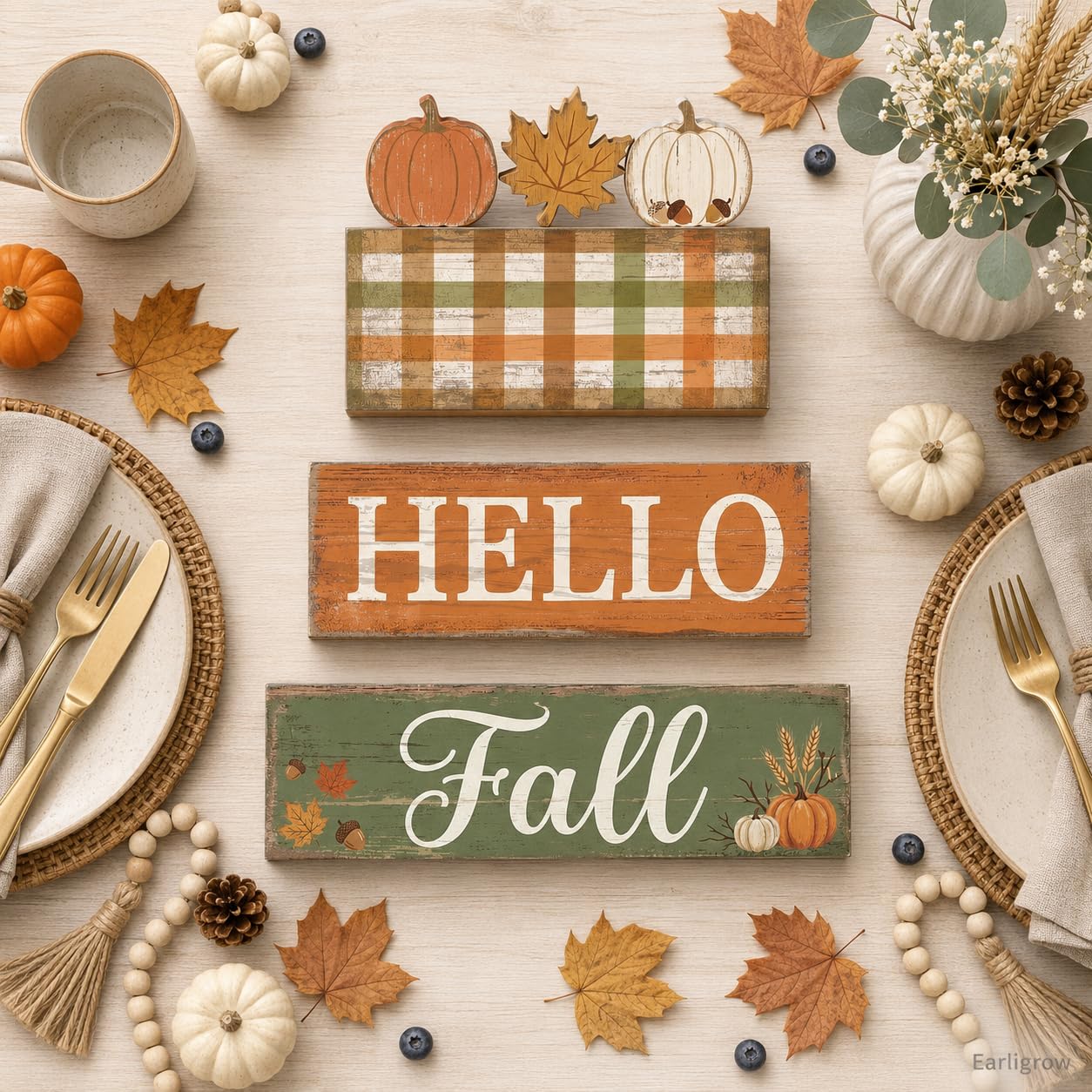 4 Pcs Fall Table Decorations, Hello Fall Tiered Tray Decor, Farmhouse Wooden Block Signs with Pumpkin & Maple Leaf, Rustic Buffalo Plaid Thanksgiving Tabletop Centerpiece for Home Kitchen Shelf