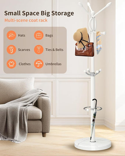 ZOZOE Metal Coat Rack Stand, Modern Coat Rack Freestanding with Natural Marble Base, Sturdy Coat Racks with 10 Hooks & Umbrella Holder,White Coat Tree Hanger Stand for Bags,Hats,Entryway,Office