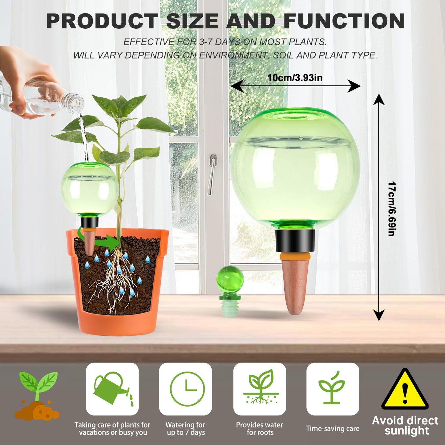 Ansberta 4 Pack Self Watering Globes 17oz Large Plant Watering Globes Top Fill, Self Water Planter Insert Indoor/Outdoor Plastic Water Bulbs Slow Release Terracotta for Plants, Green