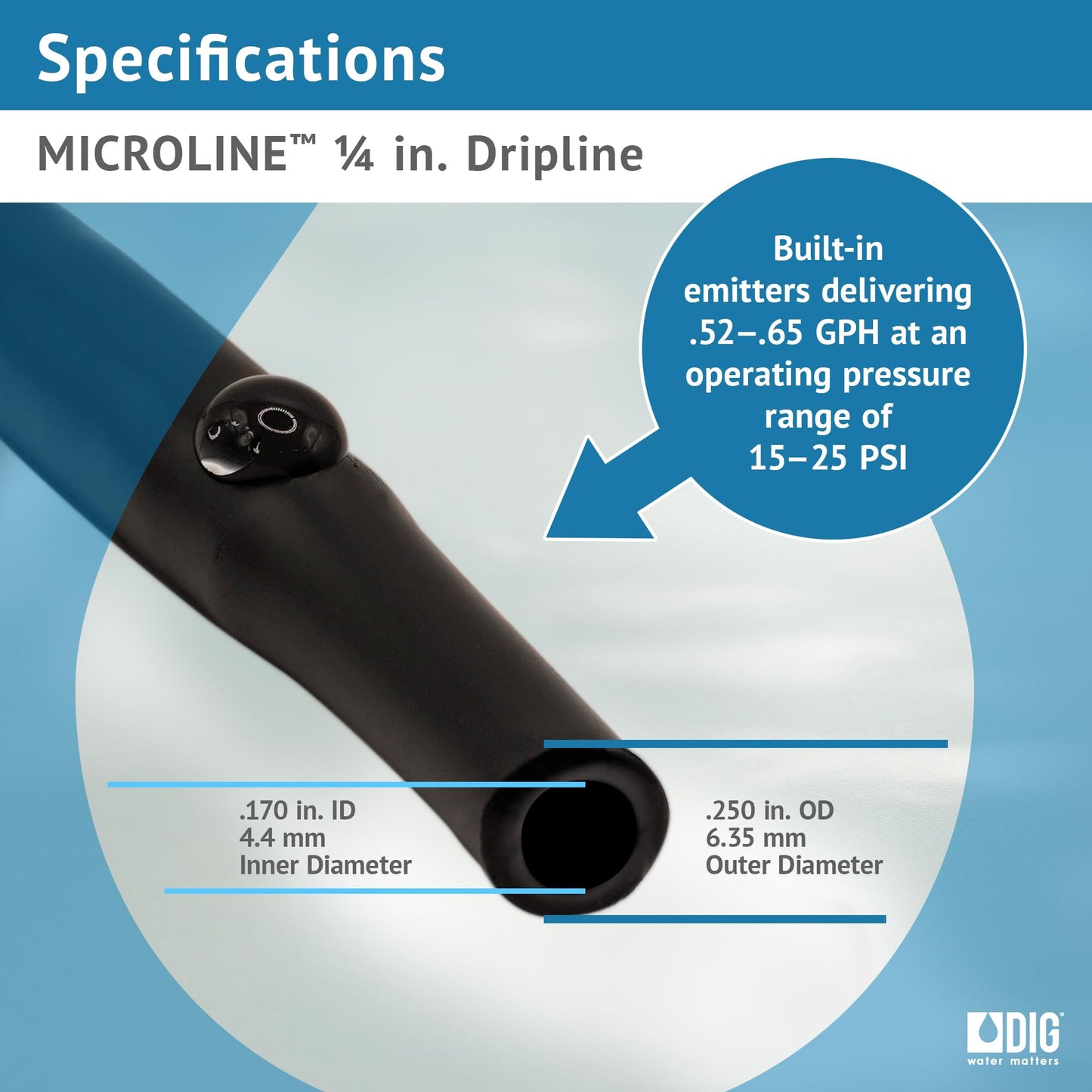 DIG ML-109, 100', ¼" MICROLINE Dripline - 9” Spacing, Color Black – UV Protected Drip Line