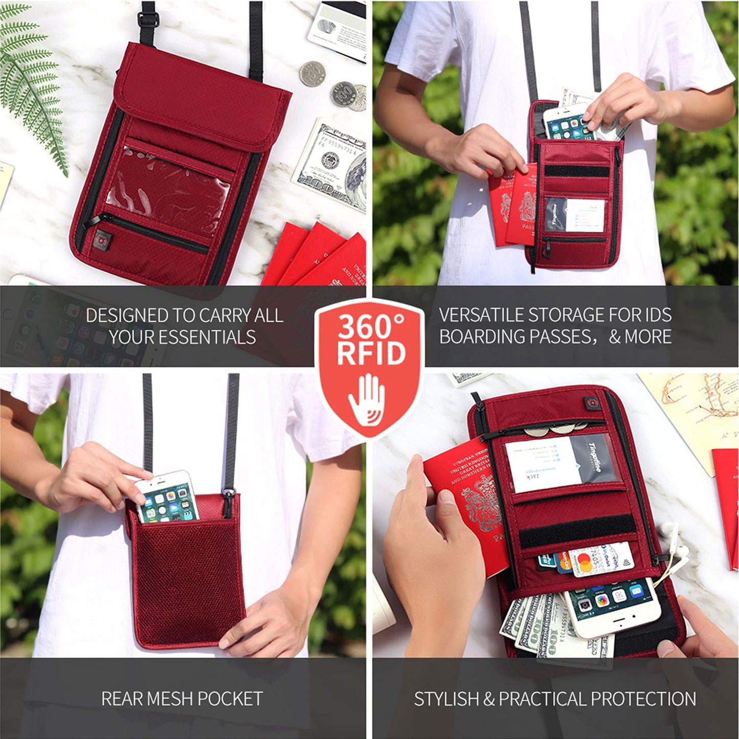 RFID Blocking Passport Holder Wallet with Neck Stash Pouch for Traveling Security Credit ID Card