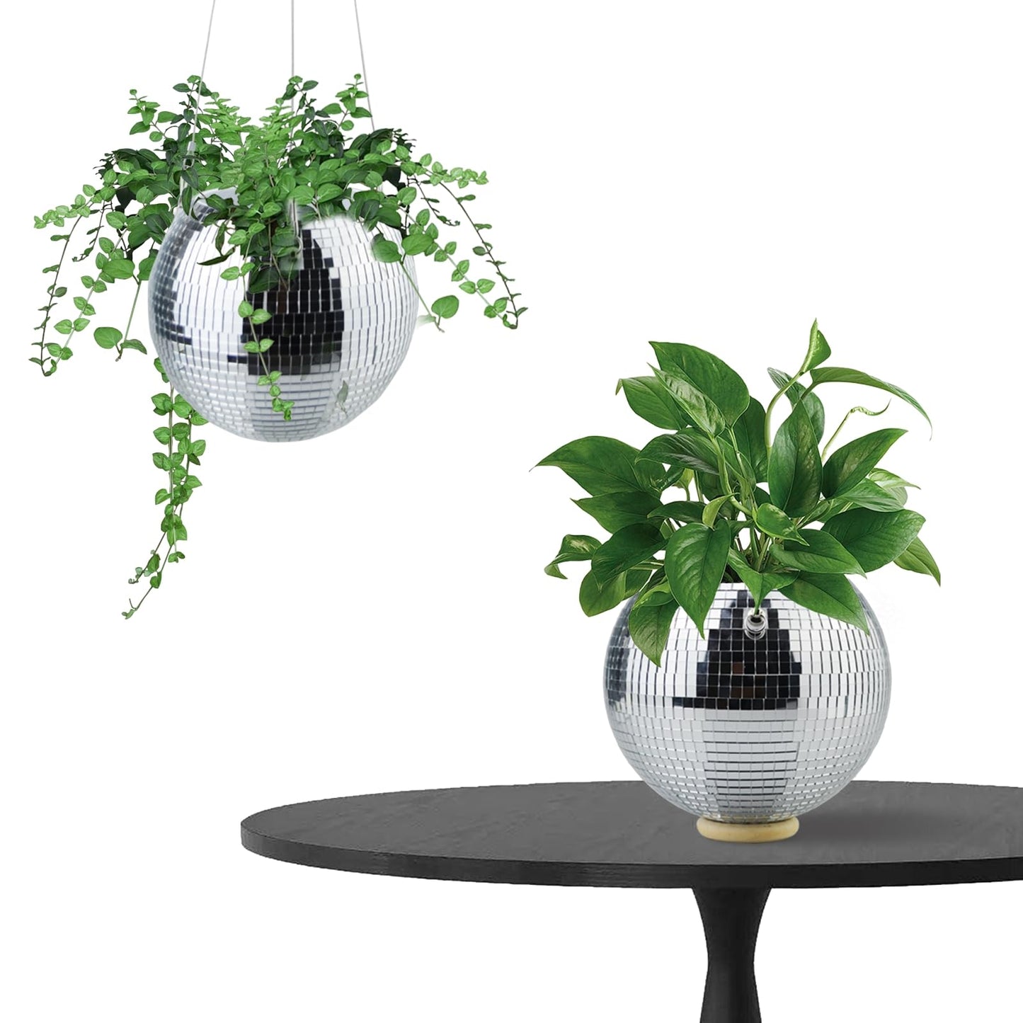 Disco Ball Hanging Plant Pots, Boho Silver Mirror Disco Planter with Chain Hook and Macrame Rope for Indoor Outdoor Decor and Wooden Stand for Desk,Self Watering Insert Pots