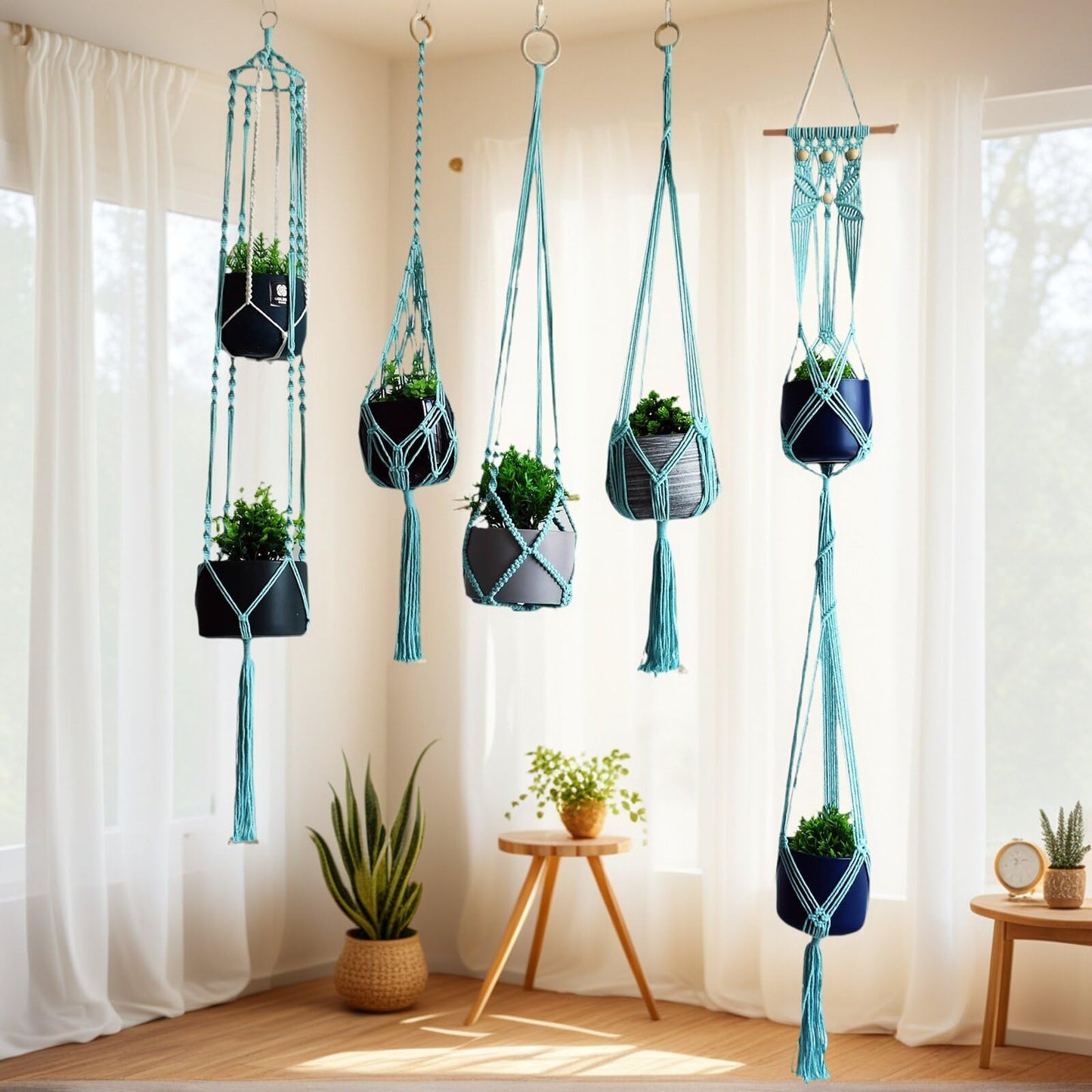 Macravine 5-Pack Boho Plant Hangers, Indoor Hanging Basket for Pot, Hanging Planters for Balcony/Home/Window/Porch, Ceiling, Boho-Chic Home Decor, Mint Blue, 40" 50" 63" (No Pot & Plant Included)
