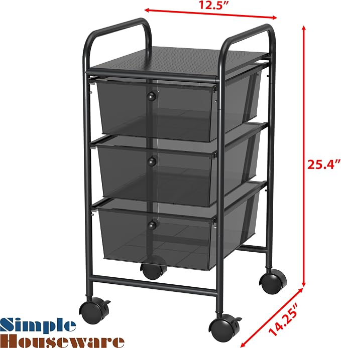 Simple Houseware Utility Cart with 3 Drawers Rolling Storage Art Craft Organizer, Black
