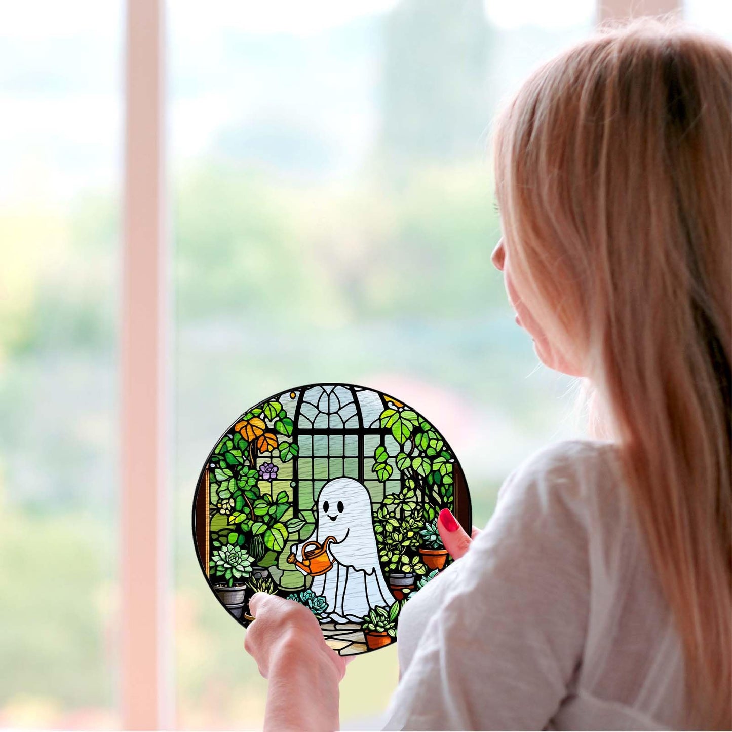 RVEAFA Ghost Garden Sun Catcher Stained Glass Window Hanging Plant Lovers Gifts for Women Wall Decor Handmade SunCatcher Decoration for Garden Home Plant Greenhouse Decor, 7.87inch