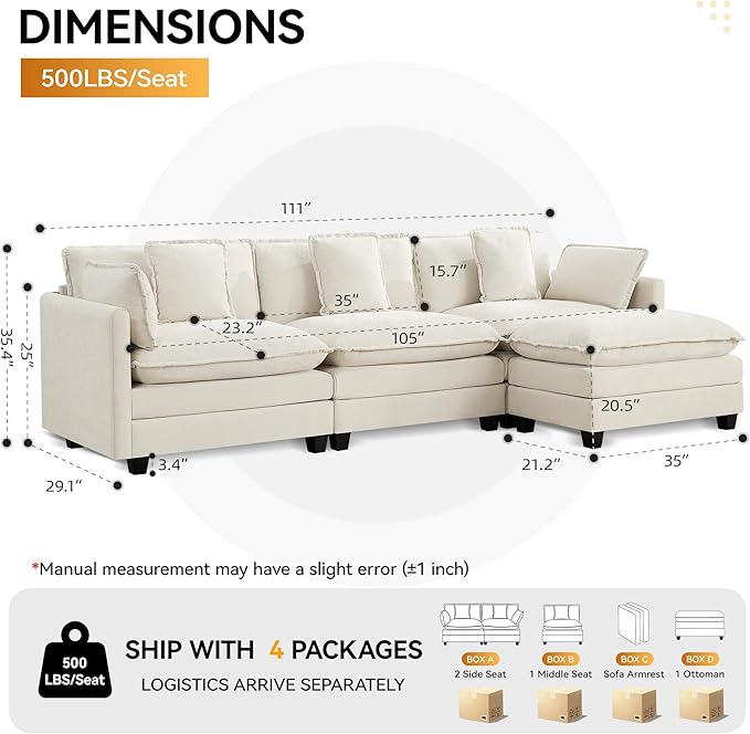 111'' Sectional Cloud Deep Seat Couch, Modern Comfy Chenille L Shaped Sectional