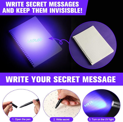 Tegeme 8 Pcs Black Light Markers Set 4 Invisible Ink Pen 4 Mini UV Flashlights Invisible Ink Marker Disappearing Pen for Class Prizes Spy Gift Party Favors(Silver and Black)