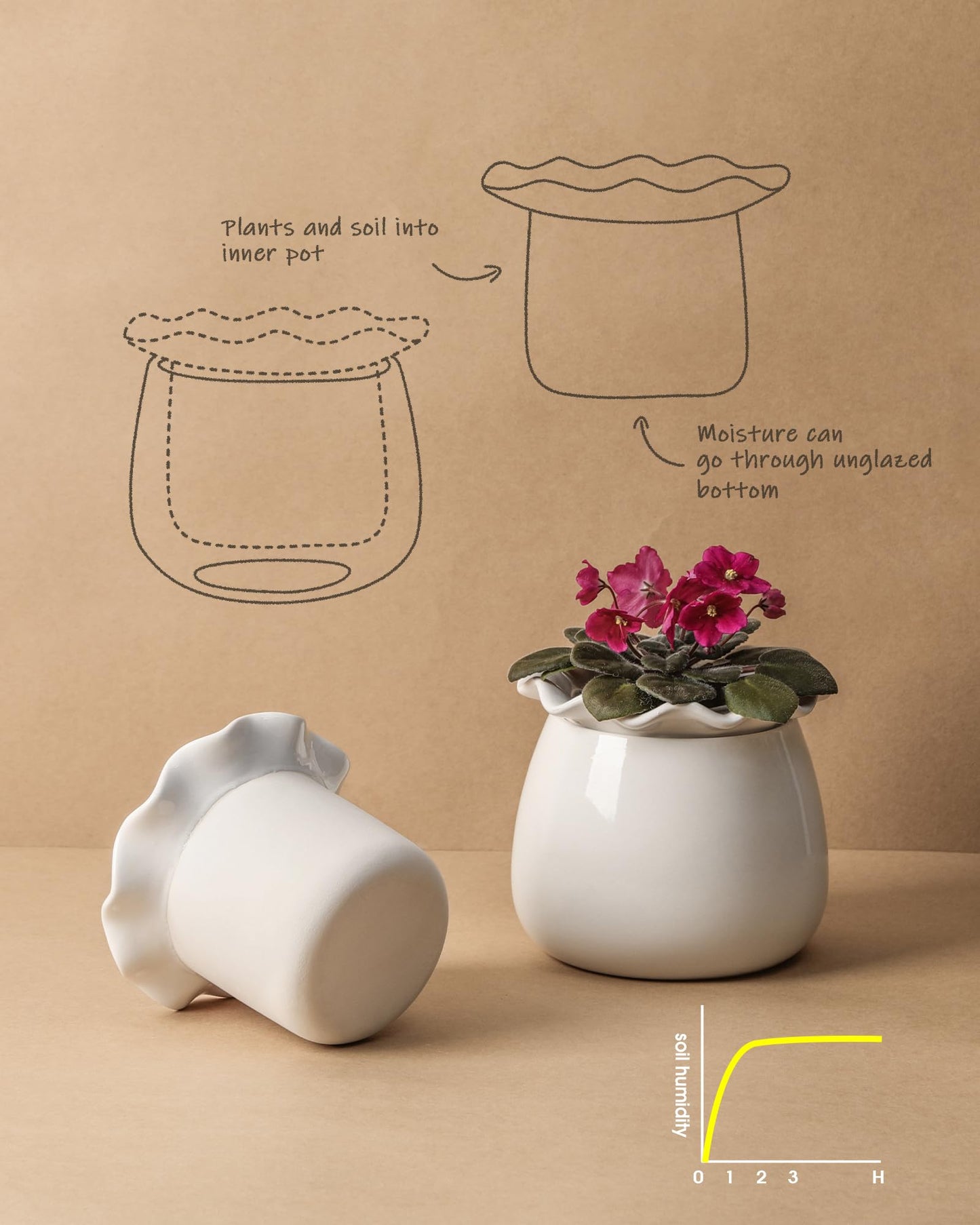 Fayoula Self Watering Plant Pot, 6 Inch African Violet Pots Maintenance, Ceramic Self-Watering Planter for Indoor Plants - Ideal Flower Pot for Thriving Indoor Gardens, White