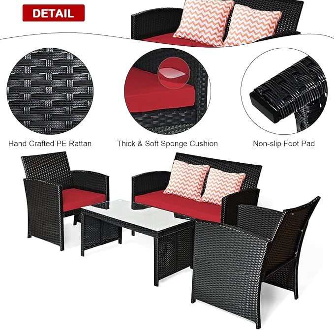 Tangkula Patio Wicker Conversation Furniture Set, Patiojoy Sofa & Table Set w/4