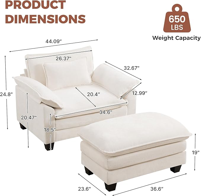 Oversized Accent Chair with Ottoman Set of 2, Upholstered Armchair with Extra