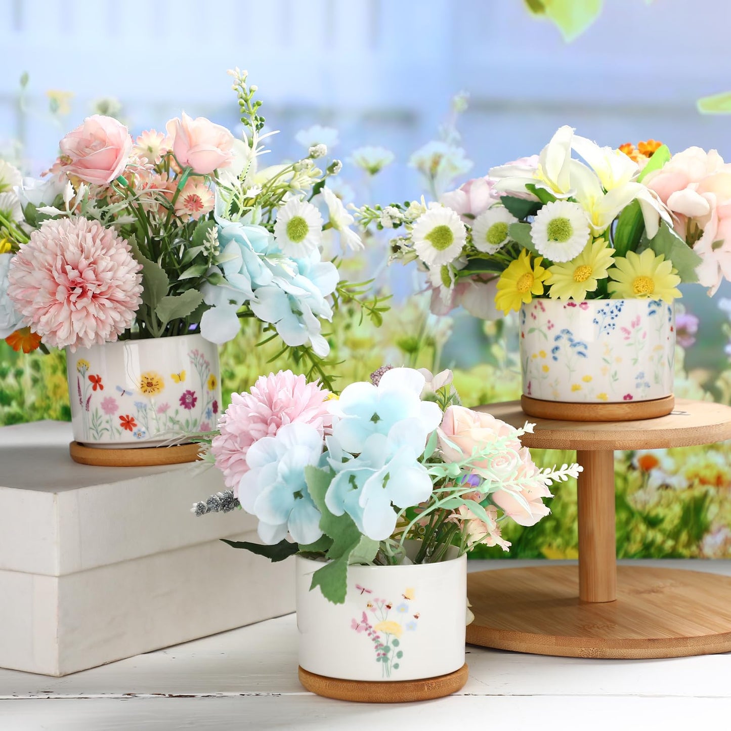 Mimorou 3 Pcs Wildflower Decor Gift for Women Ceramic Succulent Pots with Bamboo Tray for Spring Office Home Farm House Kitchen Decorations (No Plants Included)