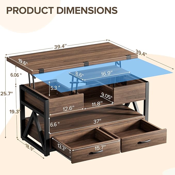 Memobarco 40" Lift Top Coffee Table, 4 in 1 Multi-Function Lift Coffee Tables