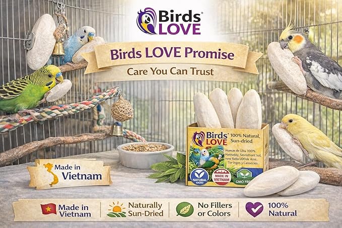 Birds LOVE 7.5-8" Cuttlebone for Birds – 100% Natural Sun-Dried Calcium Carbonate Mineral Supplement – for Parakeets, Budgies, Cockatiels, Finches & Canaries – 12 Pack with Holder – Made in Vietnam