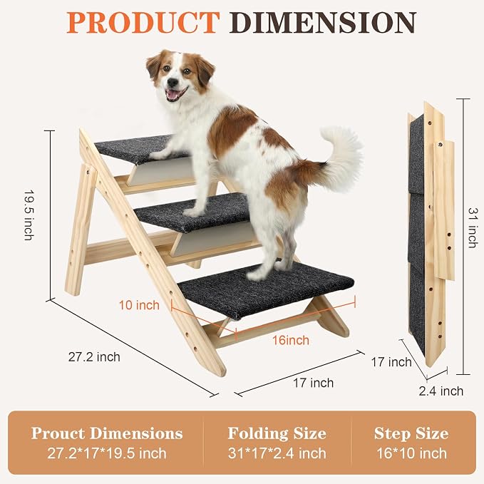 Dog Ramp,2-in-1 Foldable Pet Stairs for High Beds, 3 Steps Dog Steps | Upgraded Anti-Slip Features, Suitable for Couch, Car, Bed and Joint-Friendly Senior Durable Dog Stairs