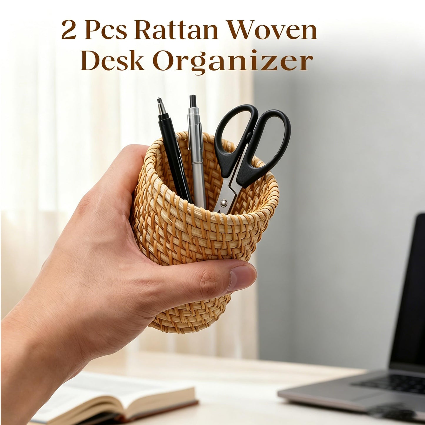 ZUDKSUY 2 Pack Rattan Pencil Holder for Desk Handmade Pen Organizer Bucket Boho Desk Accessories Pen Cup Holder Aesthetic Holder for Desk Cute