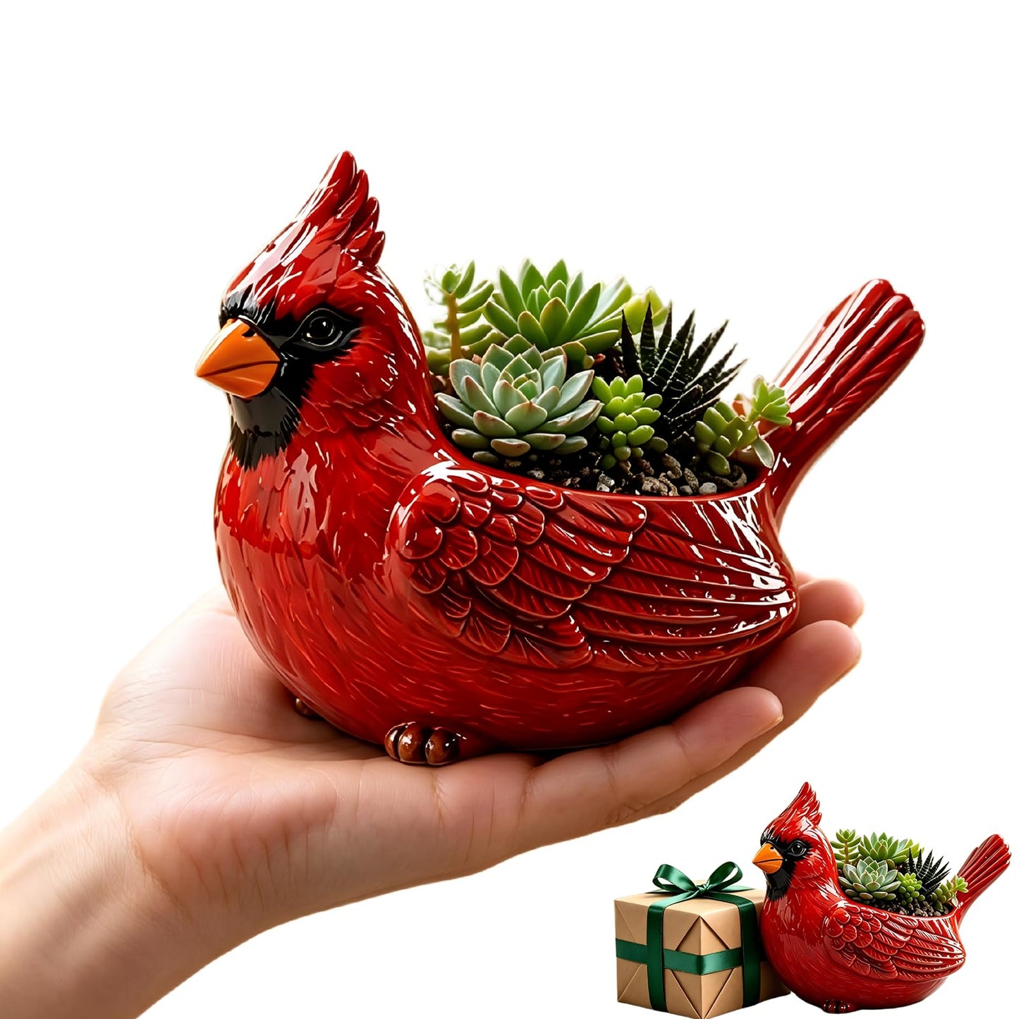 Cardinal Bird Succulent Planter, Red Resin Decorative Flower Pot with Drainage Hole, Cute Bird Plant Pot for Indoor Outdoor Plants, Animal Planter for Desk, Garden, Windowsill, Home Decor Gift (Red)