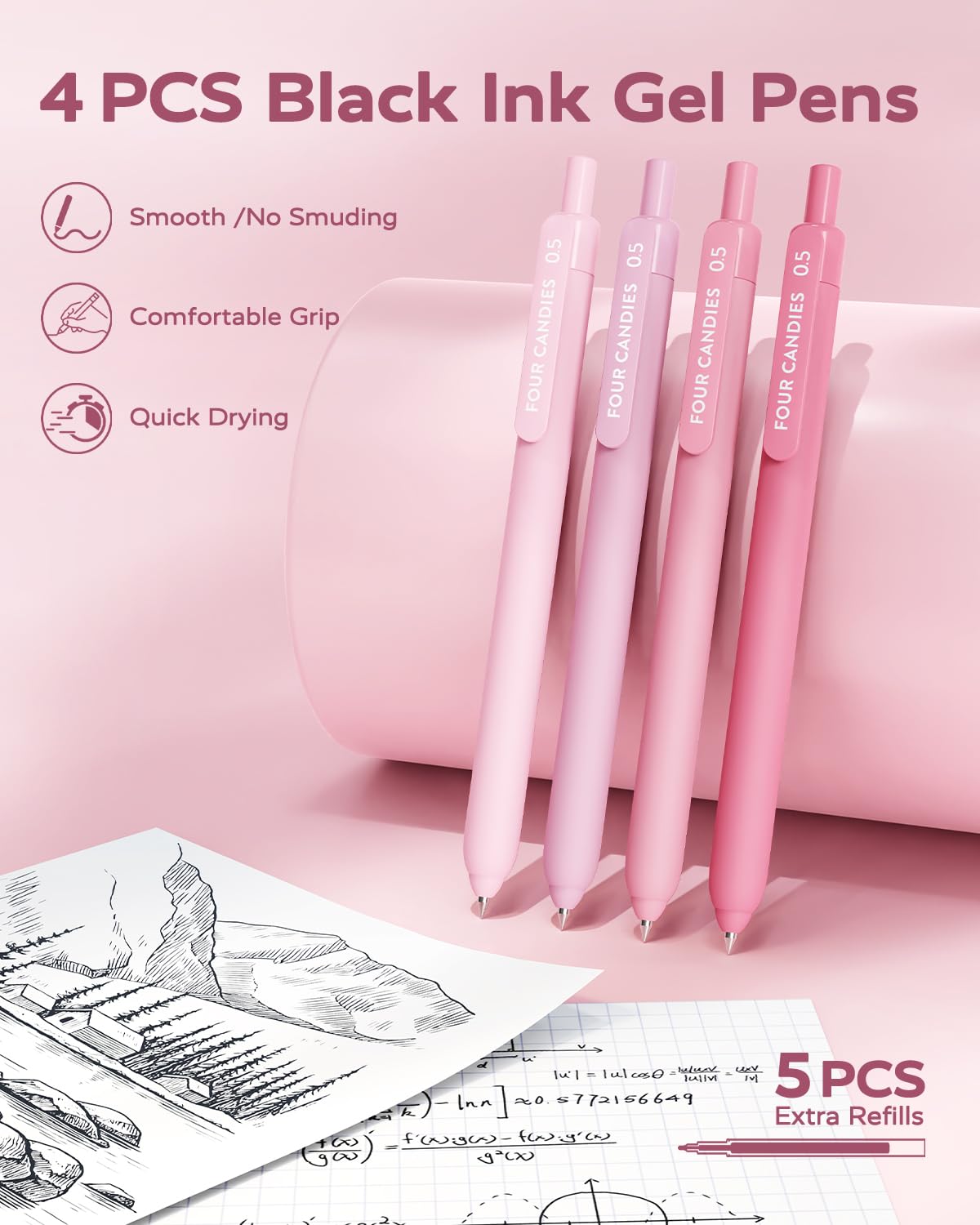 Four Candies Pink College Supplies and Nursing Essentials with Organizer, Gel Pens with Black Ink,Correction Tapes,Pastel Highlighters, Mechanical Pencils, Sticky Notes, Index Post