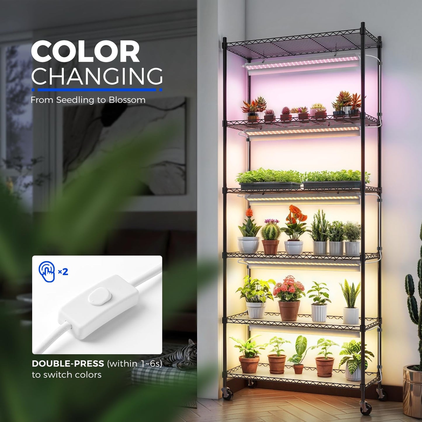 CX2 Plant Stand with Grow Lights for Indoor Plants, 6-Tier Metal Plant Shelf Display Rack with 2FT 150W Full Spectrum Plant Light, 3 Adjustable Spectrum, Timer, for Growing, 29.5x13.8x71IN