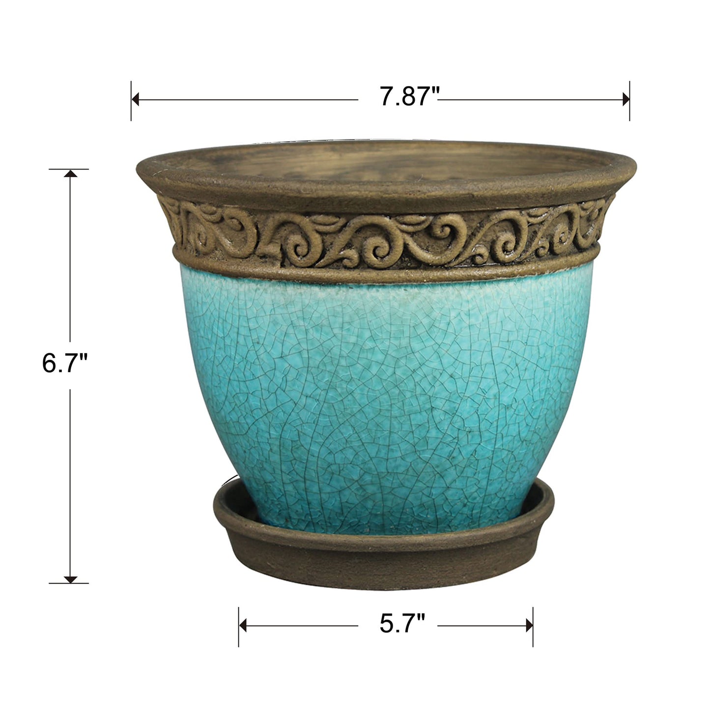 Southern Patio Cadiz 8 Inch Diameter Crackled Glazed Ceramic Indoor Outdoor Garden Planter Pot Urn with Saucer for Flowers, Herbs, and Plants, Teal