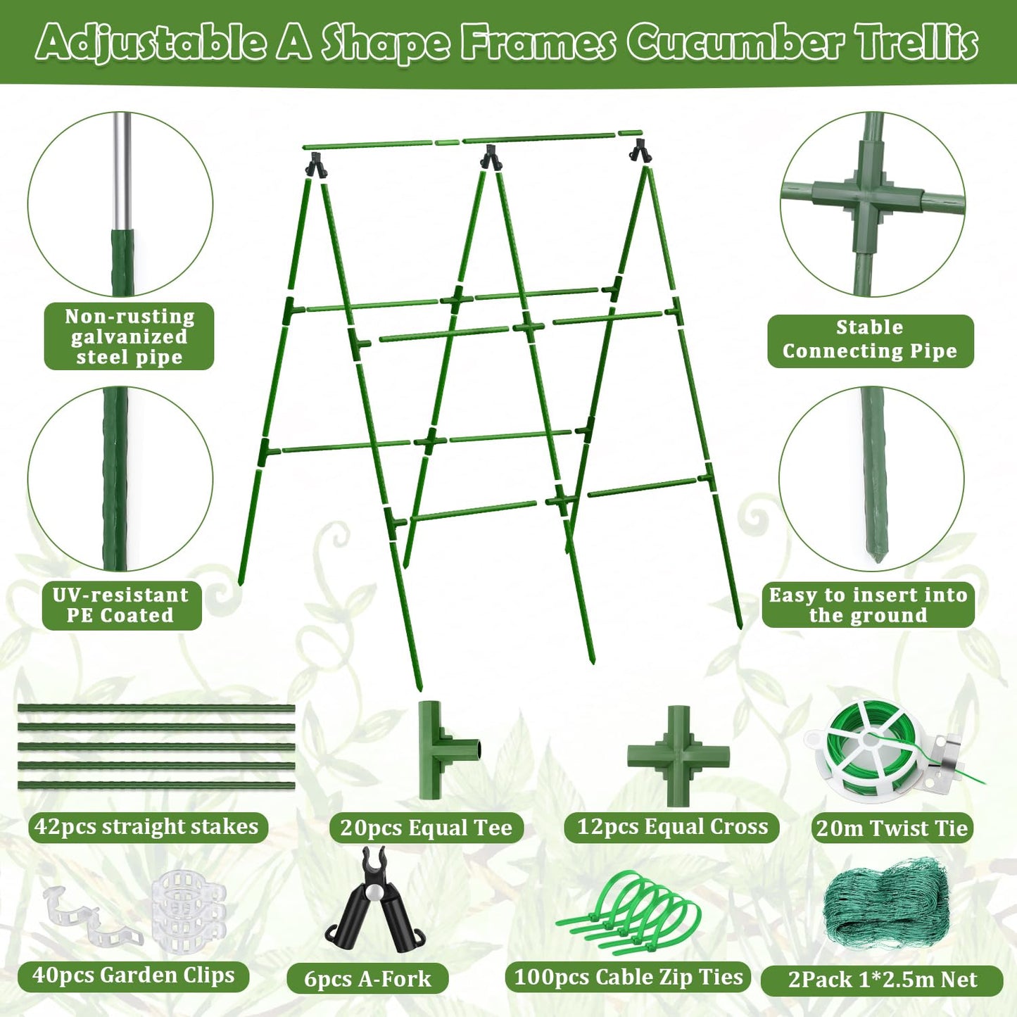 2 Packs Cucumber Trellis for Raised Beds, 31 X 47 Inch Adjustable Size A-Frame Garden Trellis for Climbing Plant Outdoors with Climbing Net and Plant Support Clip for Vegetable Grape Garden Supplies