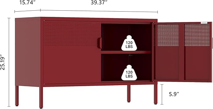 Metal Storage Cabinet, 2 Door TV Stand, Metal Mesh Accent Cabinet, Magnetic