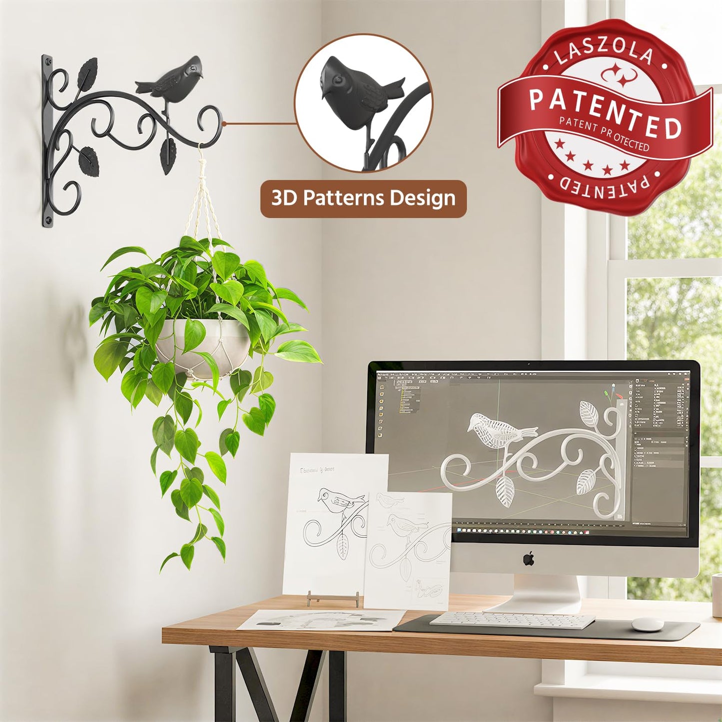 LASZOLA 2 Pack 12 Inch Hanging Plant Brackets, Heavy Duty Iron Wall Hooks with Decorative Bird and Leaf, Rust Proof Metal Outdoor Fence Hangers for Bird Feeders, Planters, Wind Chimes, Lanterns, Black