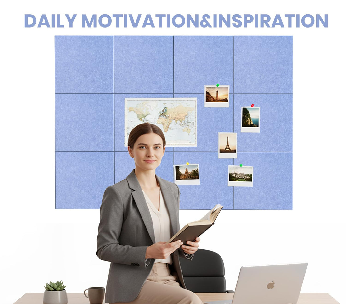 Large Cork Board Alternative 36" X 24" Bulletin Board - 6 Pack Removable Felt Wall Tiles with 20 pushpins, Large Cork Boards for Walls Cork Board for Office Pin Board Tack Board - Soft Periwinkle