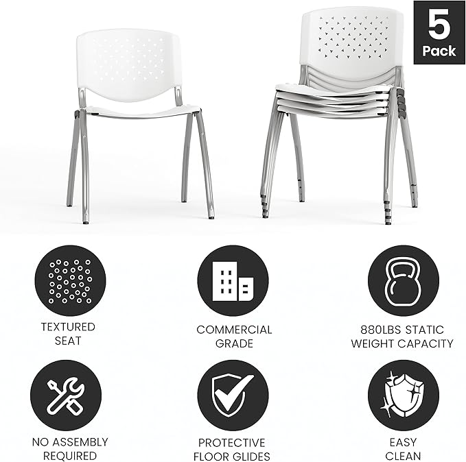 Flash Furniture HERCULES -5 Pack 880 lb. Capacity White Plastic Stack Chair |