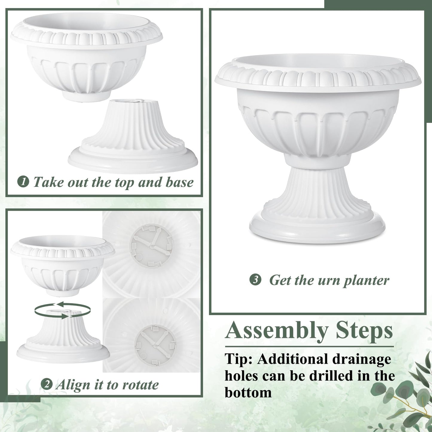Zhehao 1 Pcs Classic Urn Planter Plastic Urn Planters Outdoor 12 x 10 Inch Traditional Pedestal Flower Pots Outdoor Large White Vases Indoor for Garden Patio Front Porch