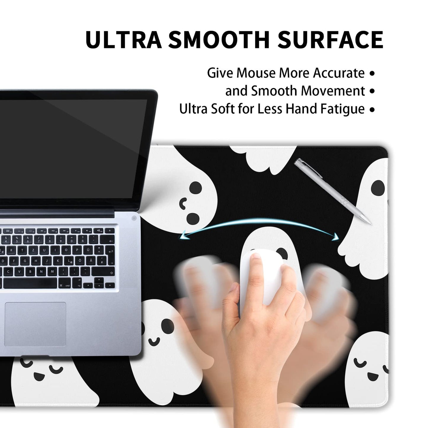 Halloween Cute Ghost Mouse Pad Kawaii Cartoon Spooky Funny Spirit Extended Desk Mat Non-Slip Rubber Base Stitched Edge Large XL Black White Mousepad for Desk Gaming Laptop Desktop,31.5×11.8 Inch