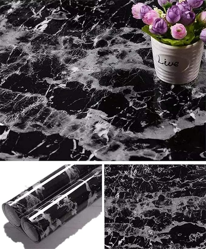 Arthome 11.8"x100" Silver Black Marble Contact Paper, Self Adhesive Wallpaper