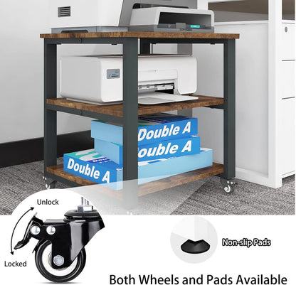 Natwind 3-Tier Laser Printer Cart,19.7''x19.7''x22.6'' Large Machine Stand,Heavy Duty Rolling Table with Storage,Floor-Standing Rack on Wheels,Paper File Organizer Shelf for Home Office (Retro)