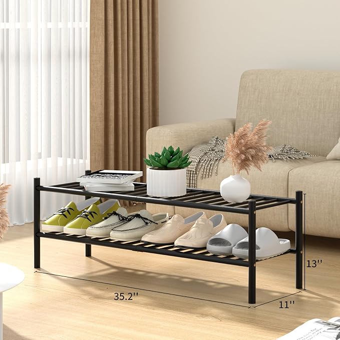 ROMGUAR CRAFT 2-Tier Bamboo Long Shoe Rack, Free Standing Wood Shoe Shelf