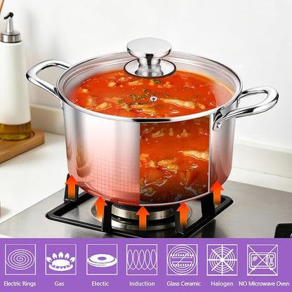 P&P CHEF 5 Quart Tri-Ply Stainless Steel Stock Pot, 5 Qt Stockpot Pasta Cooking Pot with Visible Lid for Soup Vegetable, Induction Cookware for All Stoves, Sturdy & Double Handle, Dishwasher Safe