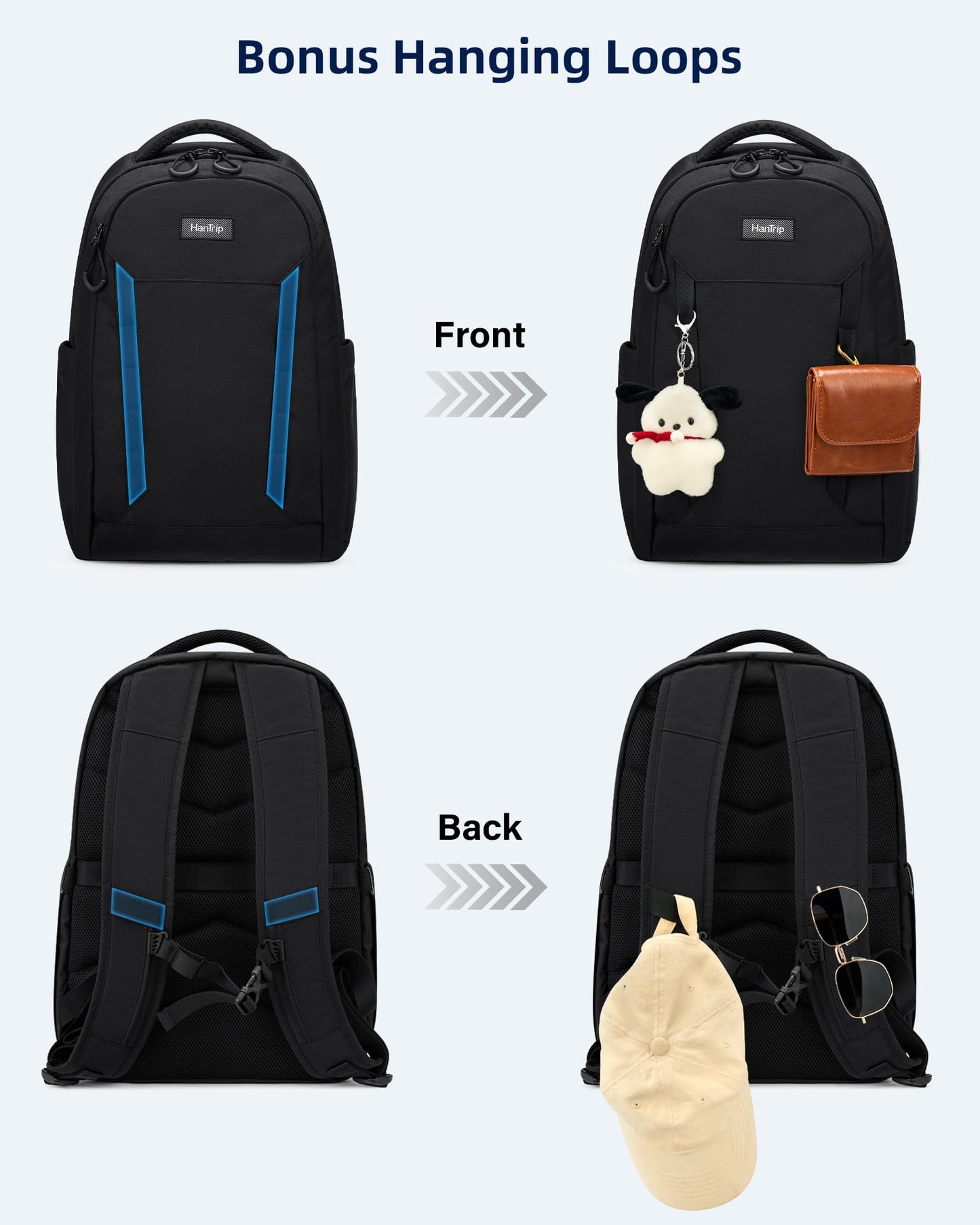 HanTrip Travel Laptop Backpack Carry On, 18 Inch Large Work Backpack School Book Bags, Light Water Resistant Backpacks for Women Men with Luggage Strap Water Bottle Pocket Chest Strap, Black