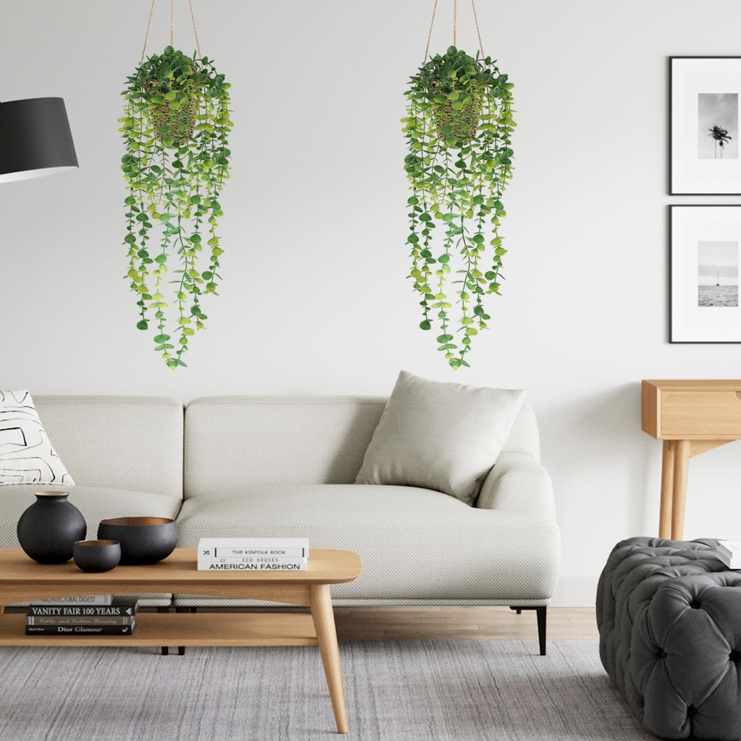 Nisoger Fake Hanging Plant with Woven Basket, 2 Pack Artificial Hanging Plants, Faux Vines Eucalyptus Leaf Hanging Pot Plant for Wall Home Room Indoor Outdoor Bedroom Bathroom Office Decor